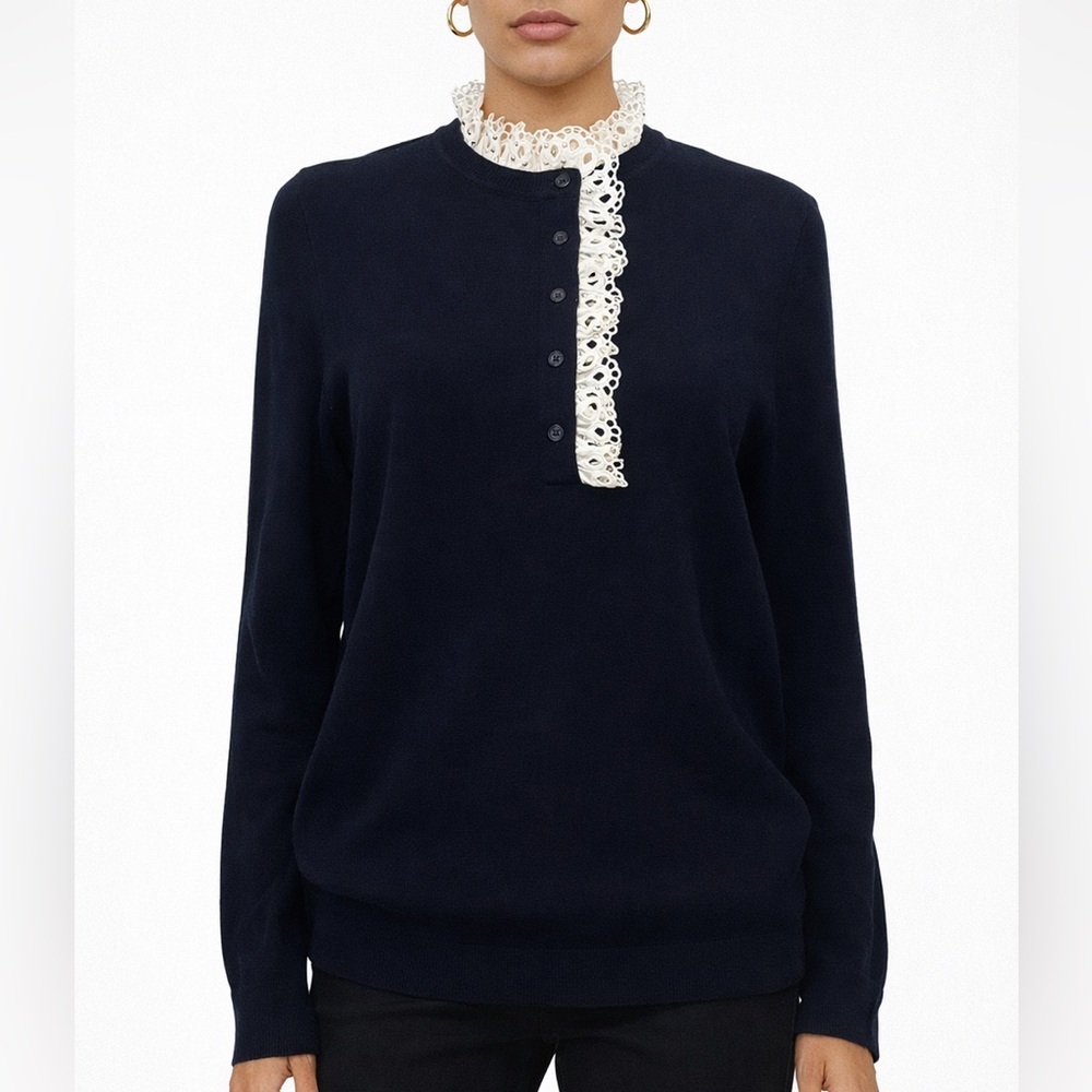 Sandro Paris Colane Crochet-Trim Navy Wool Silk Ruffle Lace Collar Sweater